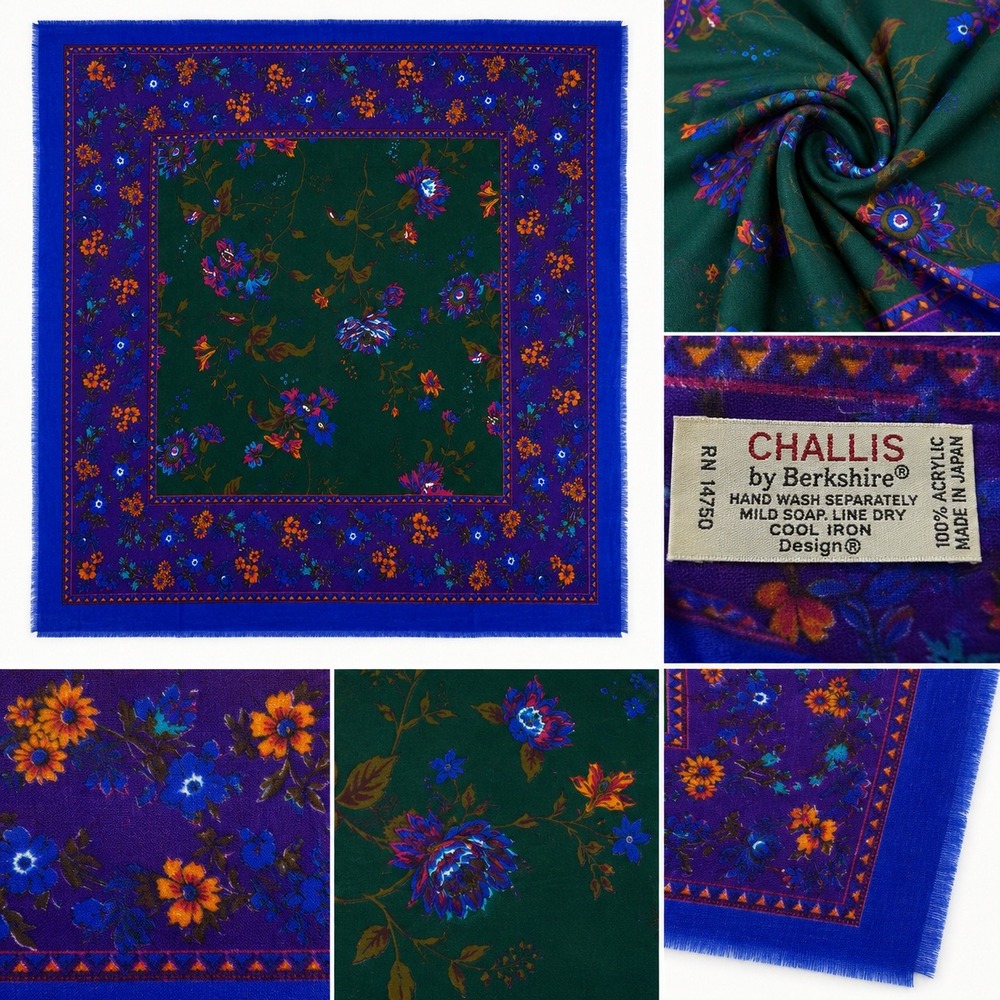 Vintage Challis By Berkshire Floral Square Scarf Blue Purple Green 30x30 Fringe